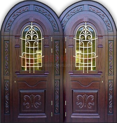 Индивидуальная арочная дверь со стеклом и ковкой ДА-19 в Тамбове