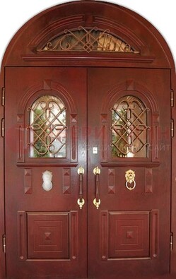 Стальная арочная дверь со стеклом и ковкой ДА-30 в дом из кирпича в Тамбове