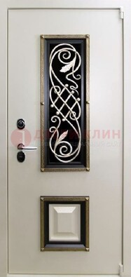 Белая стальная дверь с ковкой со стеклопакетом и МДФ ДК-30 в Тамбове