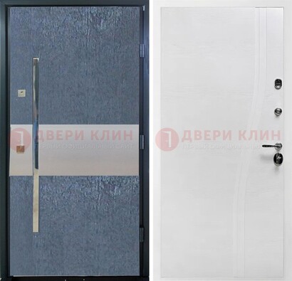 Синяя входная дверь МДФ с серебряной вставкой ДМ-330 в Тамбове