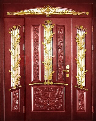 Бордовая железная парадная дверь со стеклом и ковкой ДПР-75 в Тамбове