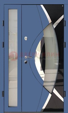 Синяя металлическая дверь со стеклом и узором ДС-13 в Тамбове