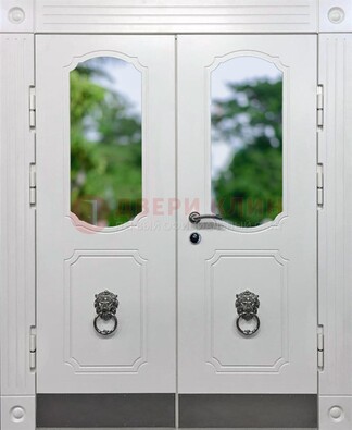 Белая двухстворчатая железная дверь со стеклом ДС-22 в Тамбове
