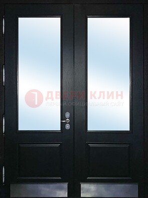 Черная двухстворчатая металлическая дверь со стеклом ДС-25 в Тамбове