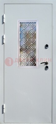 Серая металлическая дверь со стеклом и ковкой ДС-75 в Тамбове