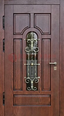 Cтальная дверь со стеклом и ковкой в коричневом цвете ДСК-119 в Тамбове