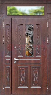 Коричневая железная дверь со стеклом и ковкой на улицу ДСК-127 в Тамбове