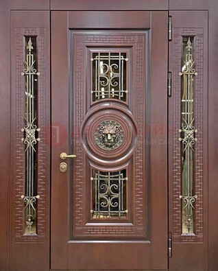 Коричневая стальная дверь со стеклом и ковкой ДСК-147 с фрамугами в Тамбове