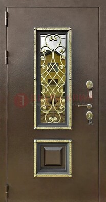 Входная дверь порошок со стеклом и ковкой для коттеджа ДСК-166 в Тамбове