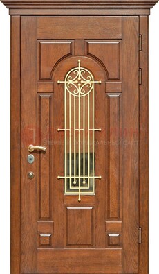 Коричневая железная дверь винорит со стеклом и ковкой ДСК-189 в Тамбове