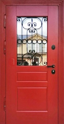 Красная железная дверь Винорит со стеклом и ковкой ДСК-205 в Тамбове