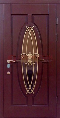 Бордовая стальная дверь Винорит со стеклом и ковкой ДСК-263 в Тамбове
