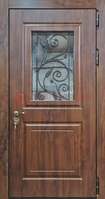 Железная дверь Винорит стекло и ковка с цветом под дерево ДСК-266 в Тамбове