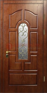 Коричневая входная дверь со стеклом и золотистой ковкой ДСК-83 в Тамбове