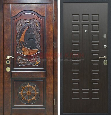 Коричневая металлическая дверь с виноритом и внутренней панелью венге ДВТ-52 в Тамбове