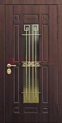 Уличная коричневая дверь с виноритом и панелью Тисненый орех ДВТ-95 в Тамбове