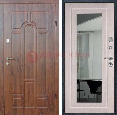 Входная коричневая дверь с МДФ Белый дуб и зеркалом ДЗ-126 в Тамбове