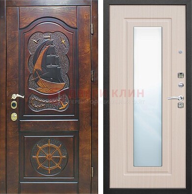 Темная уличная дверь с резьбой и зеркалом внутри ДЗ-49 в Тамбове