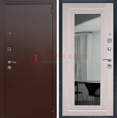 Входная дверь с порошковым напылением Медный антик/Белый дуб с зеркалом ДЗ-63 в Тамбове