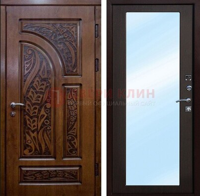 Коричневая входная дверь c узором и виноритом МДФ с зеркалом ДЗ-98 в Тамбове