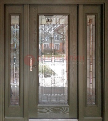 Коричневая стальная дверь с массивом дуба с витражом ВЖ-16 в Тамбове