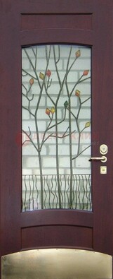 Бордовая стальная дверь с витражом и декоративным элементом ВЖ-3 в Вологде